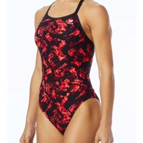 TYR Womens 34 Emulsion Diamondfit Swimsuit Fitted Red Black Lined Racerback - Picture 1 of 10